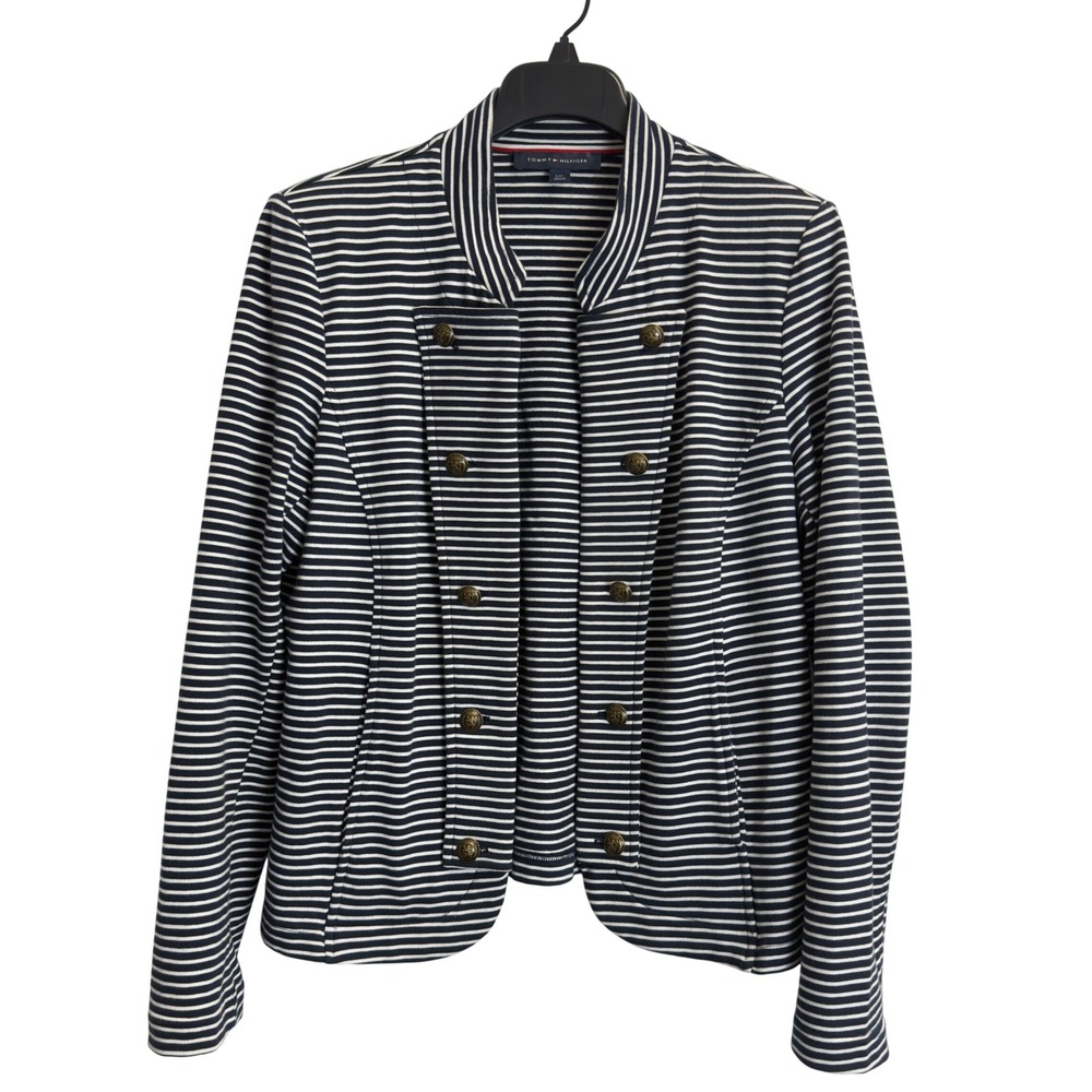 Tommy Hilfiger Womens Navy White Striped Military Knit Blazer Jacket Large